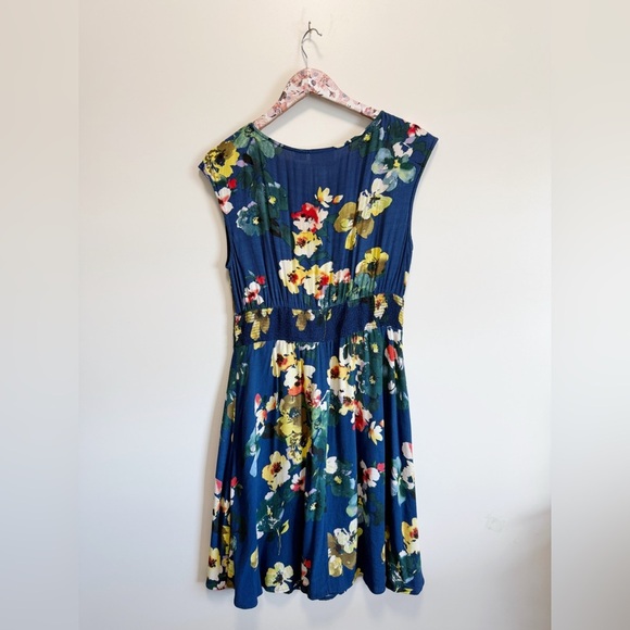 Anthropologie MAEVE Evaline Blue Floral Short Cap Sleeve Dress Smocked S Small - Picture 10 of 10